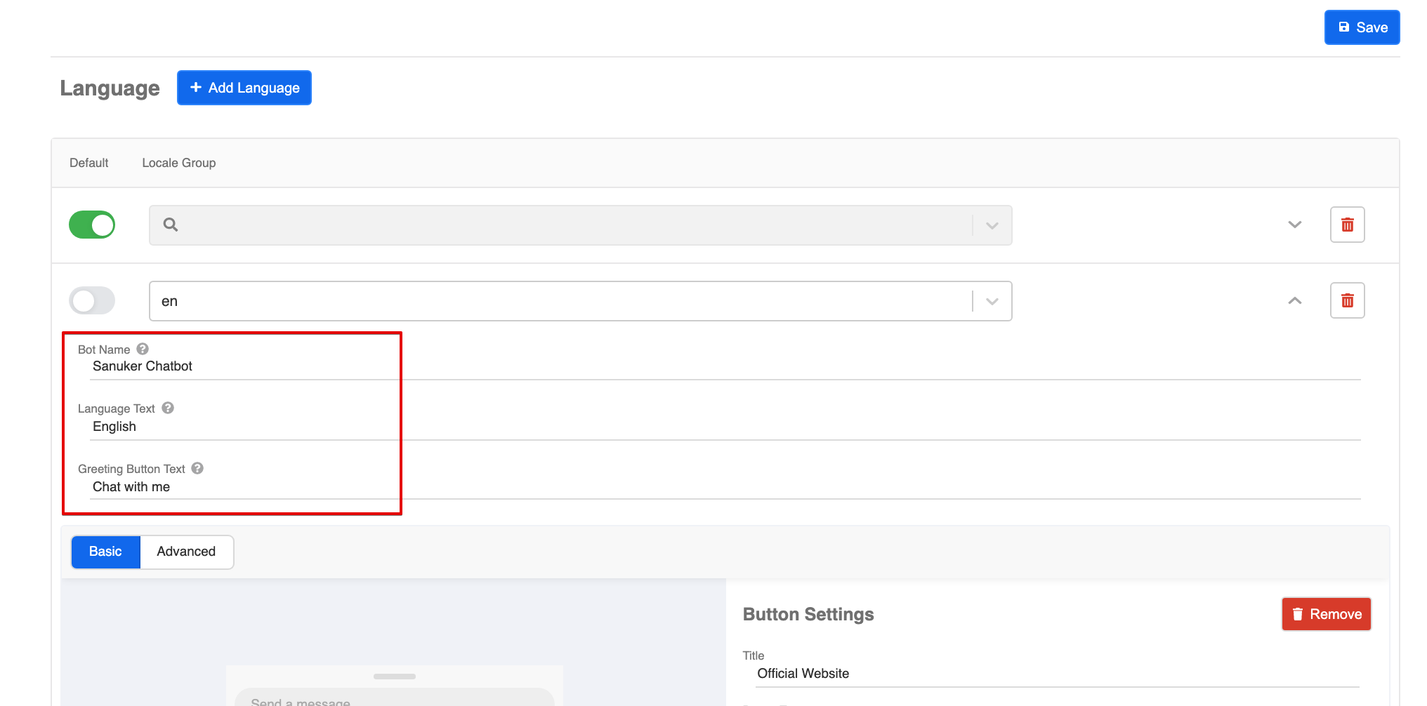 Set your Bot Name, Language Text & Greeting Button Text